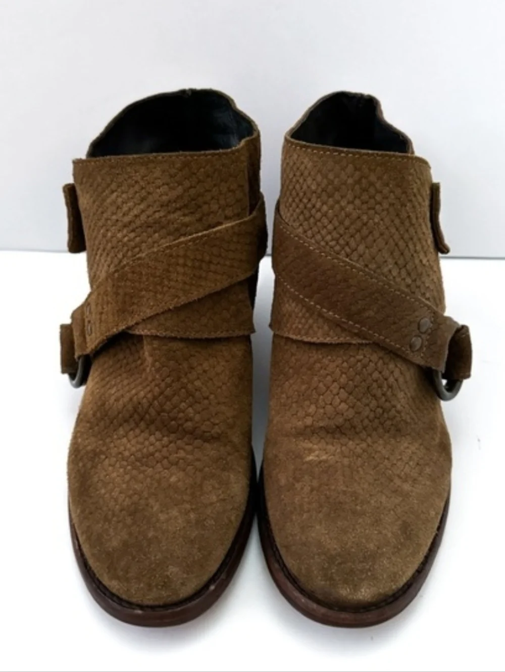 Free People Tan/ Chestnut Belted Suede Leather Ankle Boots Booties Size 39/8.5